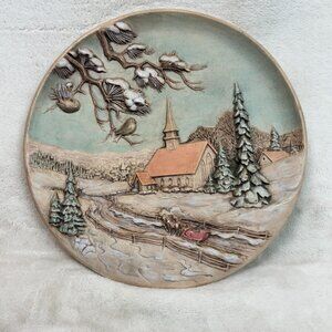 Vintage 1980 Byron Molds Winter Christmas Church Horses Scene 9.5" Plate Wall
